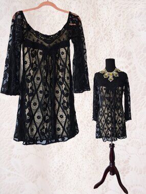 Sky Midi Length Black Lace Dress Bell Sleeves Romantic Boho Glam